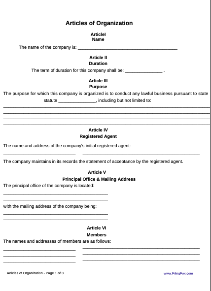 Articles of Organization Template for LLC